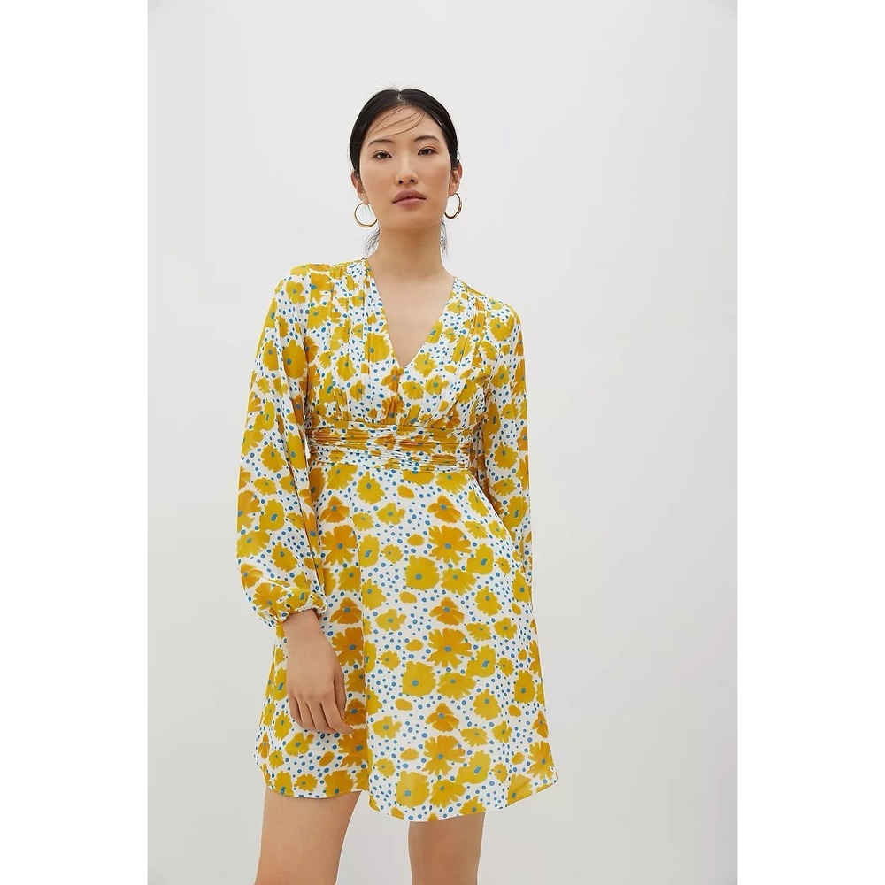 Anthropologie Vera Buttercup Dress Small White Yellow Flower Print Ruched Waist - Picture 2 of 10